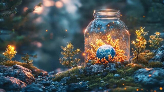 Enchanting miniature world in a glass jar, showcasing the Earth and tiny trees nestled in moss and rocks, lit by warm glowing light.