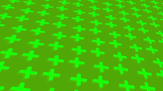 Green 3d glowing plus symbol pattern with soft shadows on a seamless geometric loop background