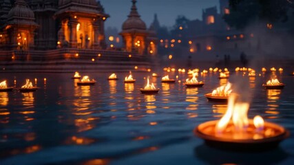 Candles floating on the water surface, illuminating temple surroundings during nighttime ritual celebration.