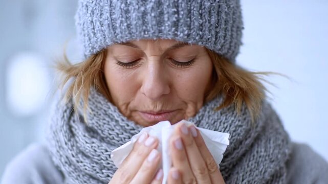 Frau mit einer Erk&auml;ltung schn&auml;uzt in ein Taschentuch, Generative AI