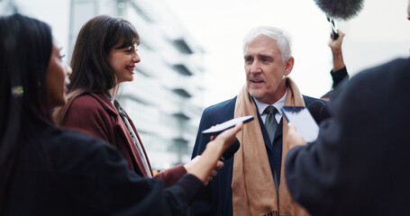 Politician, man or discussion with journalist for election announcement, campaign opinion or...