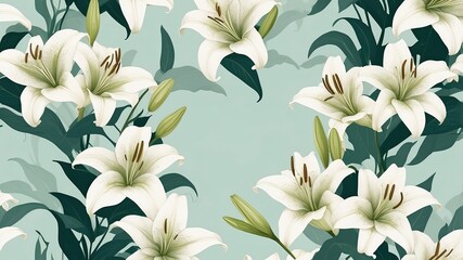 Vintage Botanical Pattern with White Lilies. Elegant Floral Illustration on Green Background. Spring Flower Design for Textile or Wrapping Paper