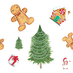 ​Seamless Watercolor Christmas Pattern with Trees, Gingerbread Men/Houses, Santa, and Gifts on Red/Green textured backgrounds. Ideal for wrapping, fabric, and digital festive designs.