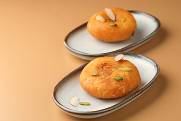 Sweet Badusha, makhan bada. fresh delicious served in ceramic cuisine 