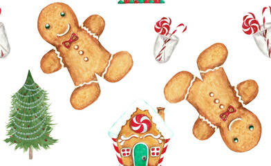 ​Seamless Watercolor Christmas Pattern with Trees, Gingerbread Men/Houses, Santa, and Gifts on Red/Green textured backgrounds. Ideal for wrapping, fabric, and digital festive designs.