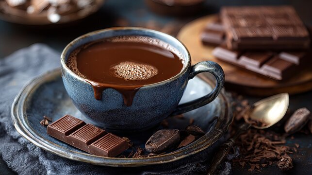 Indulge in rich, decadent hot chocolate with melting chocolate bars and dark cocoa beans for ultimate comfort and luxury - Powered by Adobe