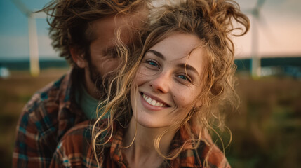 A young woman with curly hair smiles in front of wind generators. A man with long hair stands behind her, embracing her. The scene highlights renewable energy and ecology.