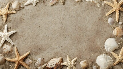 Frame made of seashells and starfishes on sand background. Sea shells on sand background. Top view with copy space. Summer concept
