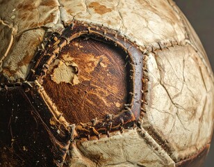 Close-up of a vintage, worn leather soccer ball, showing stitched panels