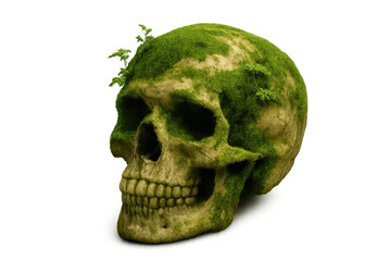 Obraz premium Human skull covered in green moss with small plants growing, representing themes of decay, nature, and the continuous cycle of life