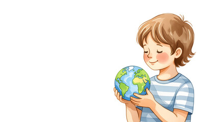 Young boy holding a globe and smiling with closed eyes in daylight  