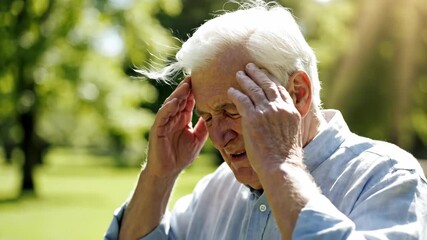 Senior man suffering headache outdoors, holding head in pain, a health problem and migraine concept