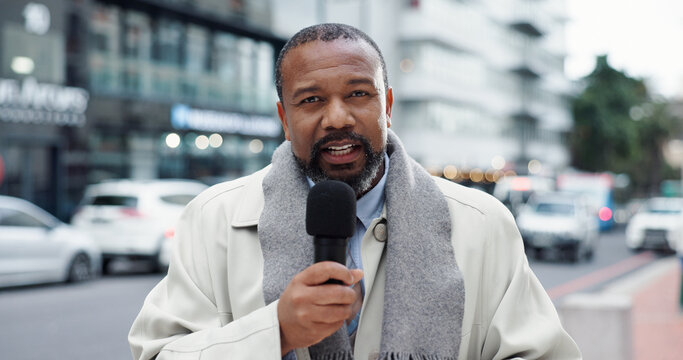 Broadcast, microphone and portrait of black man in city for breaking news headline or update. Announcement, information and journalism with mature reporter outdoor in street for live coverage