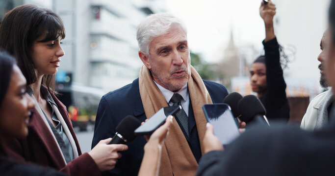 Politician, man or talk with journalist for election results announcement, campaign opinion or reaction. Mature person, crowd or media for politics discussion, question or mayor vote in New York City