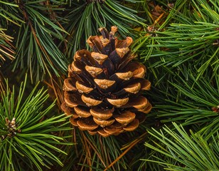 Close-up of pine cone surrounded by vibrant green needles, detailed