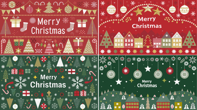 Four christmas themed backgrounds with trees gifts ornaments and houses in red and green colors scheme design