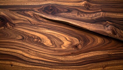 Close-up of rich, patterned wood grain with swirling lines and knots