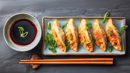Fictional Chicken Potstickers or Pan Fried Dumplings or Gyoza with chopsticks, chive and soy sauce on a dark background, top view.  A traditional Asian food concept. 