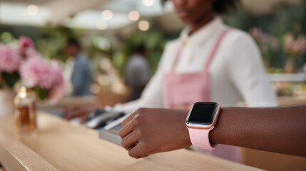 Woman at counter checking smartwatch