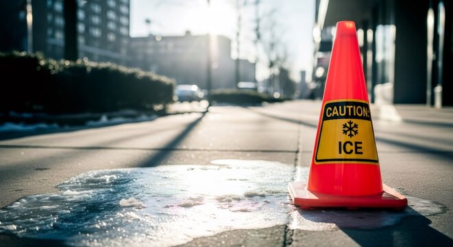 Orange caution ice cone on icy sidewalk. Winter safety sign for public walkway. Hazard warning of slippery surface due to freezing weather.