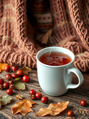 A steaming cup of rosehip tea sits on a wooden surface, surrounded by dried rosehips and autumn leaves, with a cozy knitted scarf in the background