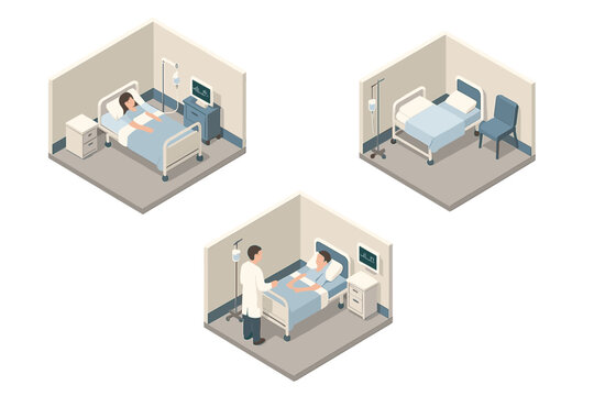Isometric scenes of hospital room interactions between patient and medical staff