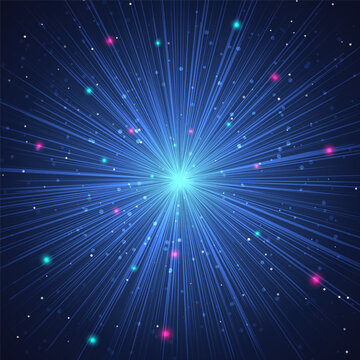 Futuristic Abstract Space Background with Vibrant Cyan Core and Blue Energy Rays A digital vector illustration suggesting a starburst or hyperjump, technology and science concepts