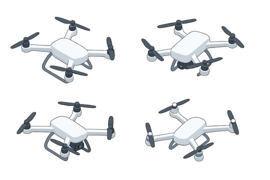 Isometric set of white quadcopter drones with various camera views