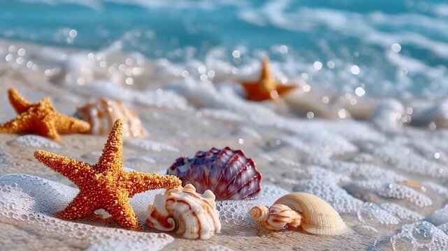 Muscheln und Seesterne am Strand, Generative KI