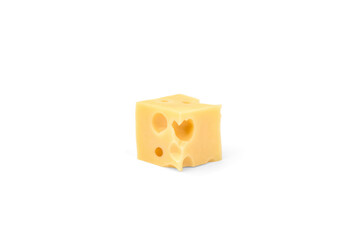 Maasdam cheese cubes isolated on white background.
