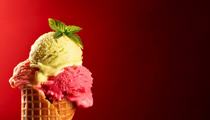 A delicious double scoop of fruit ice cream in a waffle cone with mint