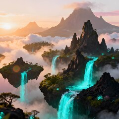 Mystical Floating Islands with Neon Rivers