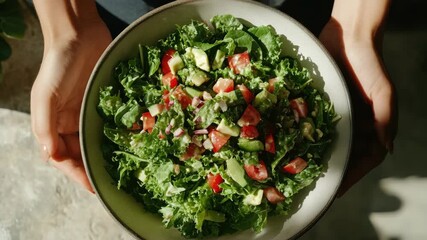 A person is holding a bowl of salad. The salad is made of lettuce, tomatoes, and avocado - Powered by Adobe