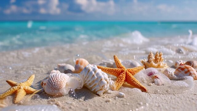Muscheln und Seesterne am Strand, Generative KI