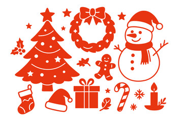 Cheerful red Christmas holiday icons and symbols collection