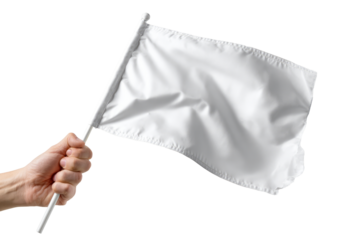 Hand Holding White Flag on White Background in Closeup