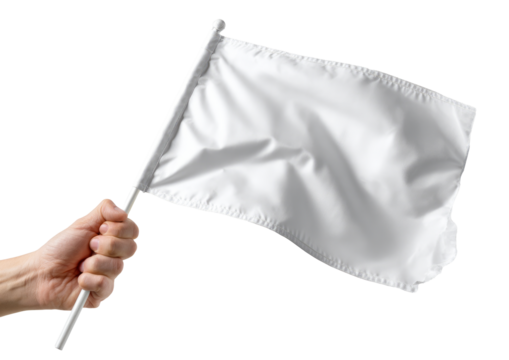 Hand Holding White Flag on White Background in Closeup