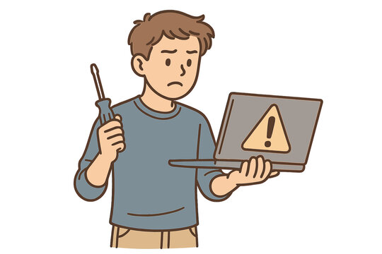 Confused man holding screwdriver and laptop with warning sign