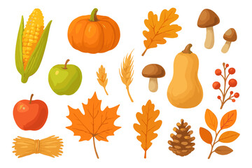 Assortment of harvest season fruits vegetables and autumn foliage elements