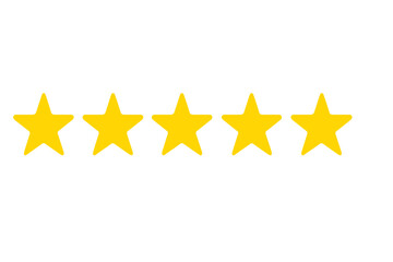 Five yellow rating stars aligned horizontally on white background