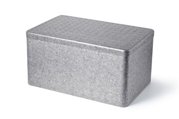 gray styrofoam box with lid on white background
