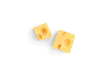 Maasdam cheese cubes isolated on white background.