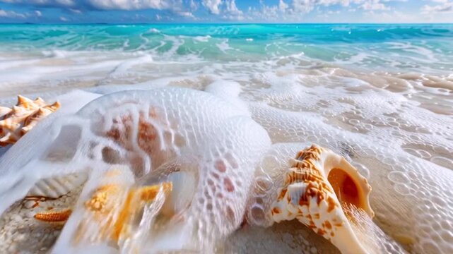 Muscheln und Seesterne am Strand, Generative KI