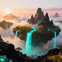 Ethereal Landscape of Glowing Cascades and Cloud Peaks
