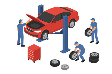 Isometric auto mechanics servicing red car on hydraulic lift