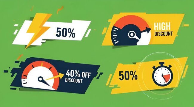 Collection of modern discount banners with various graphic elements like lightning, speedometers, and stopwatches, indicating sales and limited-time offers.
