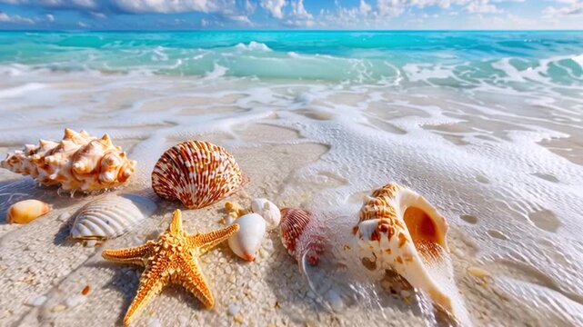 Muscheln und Seesterne am Strand, Generative KI