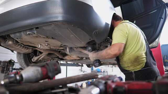 Skilled mechanic in yellow shirt works diligently under a car, showcasing the intricate repair process with tools and equipment in a well-organized garage environment