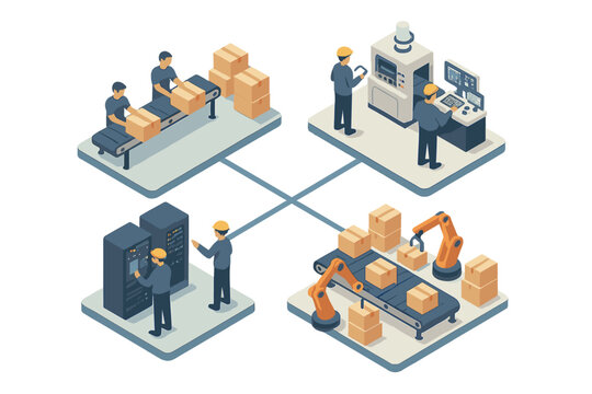 Automated manufacturing and data center workflow stages in isometric view