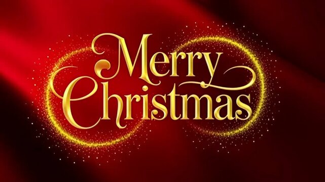 Golden snowflakes falling over a red velvet background, sparkling festive particles, luxury Merry Christmas text shining softly with light reflections, cinematic slow zoom